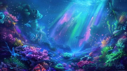 虹色のオーロラが照らす海中風景 - 神秘的な海の世界