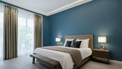 The modern bedroom interior design and blue wall texture background