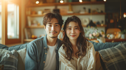 A young couple sits on a sofa in a living room, looking at the camera and smiling.