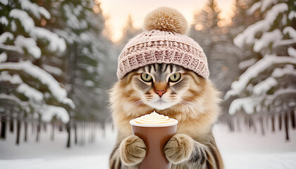 Cat holding a cup of cocoa, background of a winter forest, illustration.