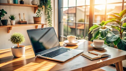 Cozy home office setup with open laptop, notebook, and coffee cup, emphasizing remote work flexibility and digital nomad lifestyle, with empty space for text.