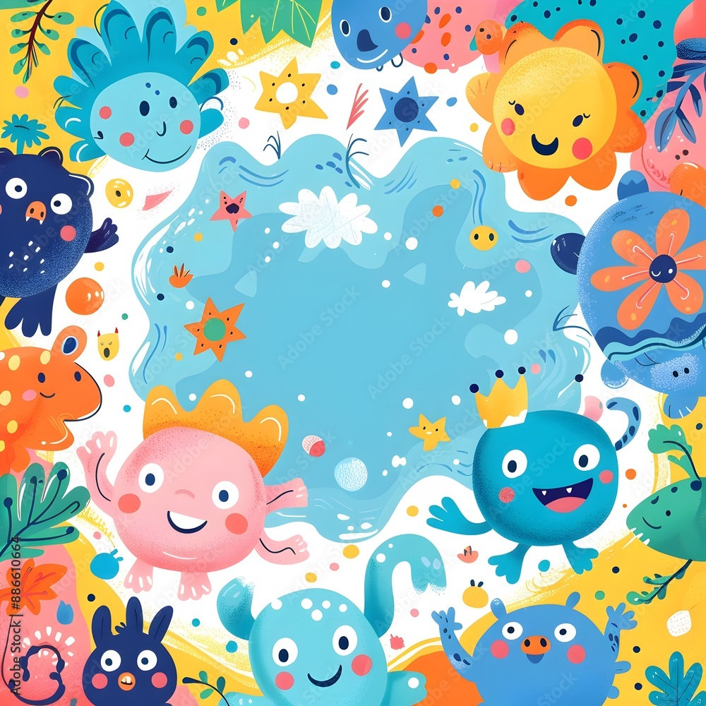 Aufkleber whimsical cartoon frame with playful characters and vibrant colors on fun patterned background