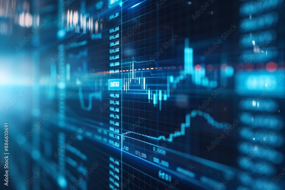 Poster financial data analysis - stock market trading charts and statistics on computer screen display - di