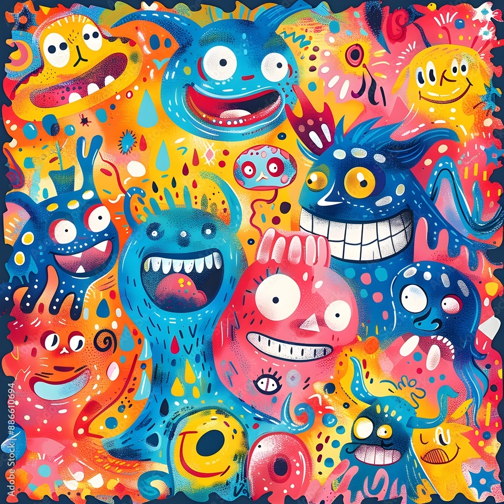 Aufkleber whimsical cartoon frame with playful characters and vibrant patterned background