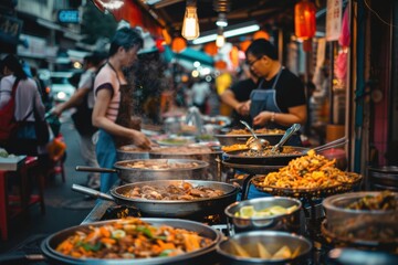 Street food for tourists, vibrant stalls offering diverse, delicious, and exotic flavors.