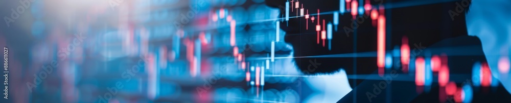 Poster abstract stock market data background with blurred silhouette of a person looking at a screen, showi