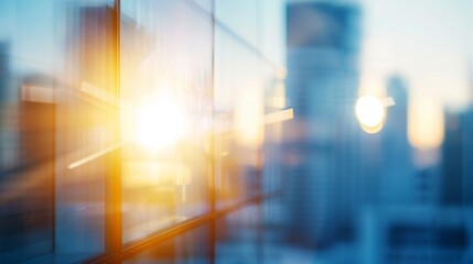modern cityscape through glass window at sunset - abstract blurred background of urban skyline and golden sunlight