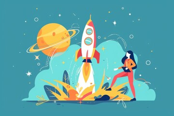 Illustration of a woman standing beside a rocket launching into space with a planet in the background against a teal sky.