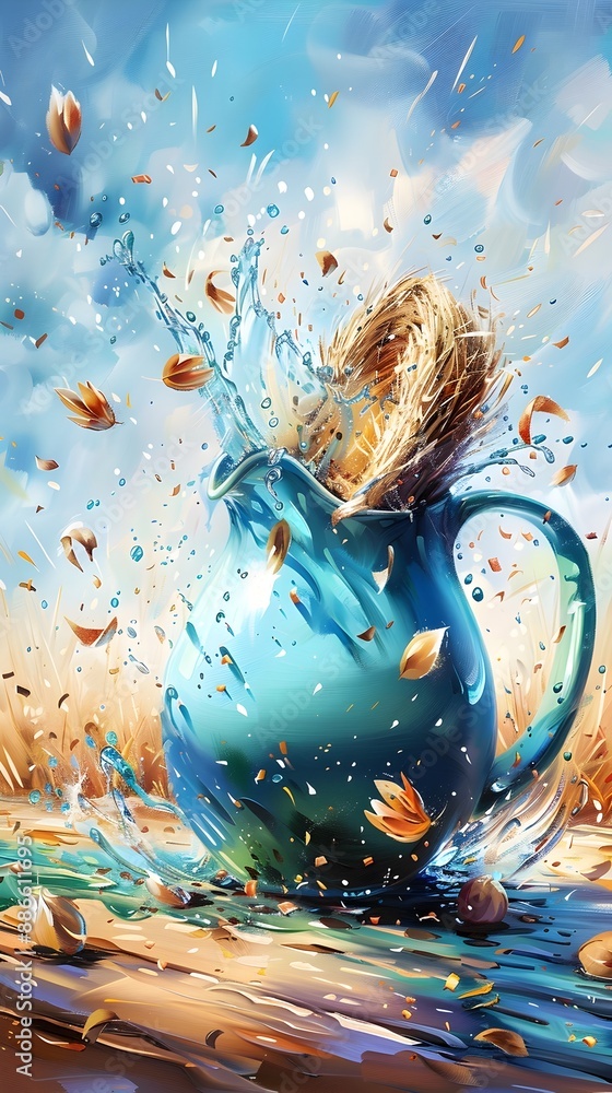 Poster vibrant and surreal water pitcher splashing with silage in a dynamic digital