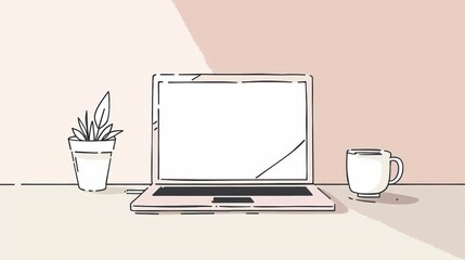 Minimalist workspace with laptop, coffee cup, and potted plant on a light-colored desk. Perfect setup for productivity and simplicity.