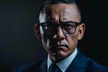 Fototapeta premium Close-up portrait of a middle aged Latino man, studio photo, against a sleek gray studio backdrop
