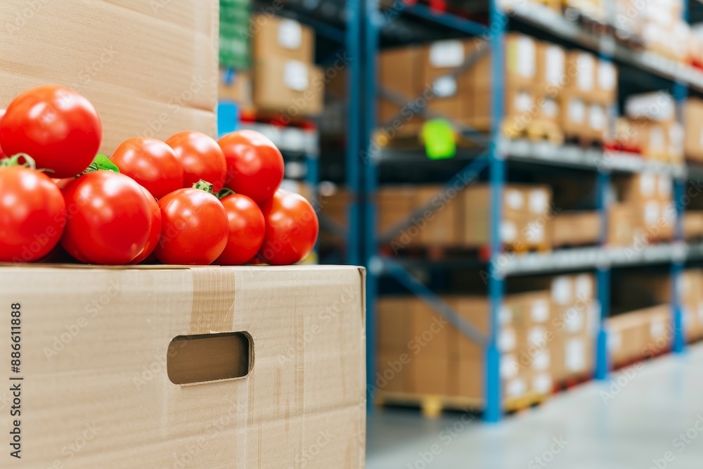 Poster fresh red tomatoes in cardboard box on shelf in large warehouse with blurred background of other box