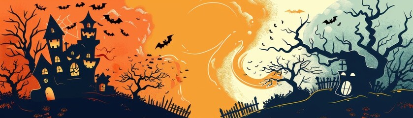 Obraz premium Spooky Halloween illustration of a haunted castle and eerie trees under a full moon. Bats flying in the night sky.
