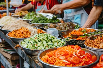 Obraz premium Street food for tourists, vibrant stalls offering diverse, delicious local flavors.