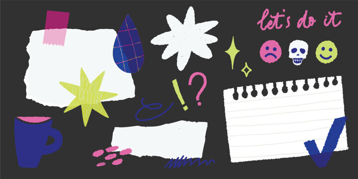 Notebook page, torn journal sheet, doodle memo drawing and stickers like star, organic shapes, coffee cup, check mark. Modern trendy collage style desk