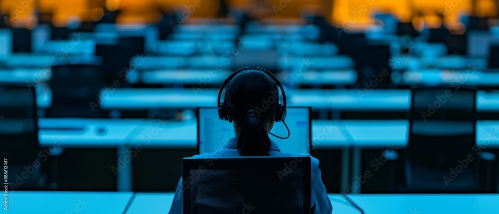 Poster silhouette of a customer service representative working in a call center with headphones and a compu