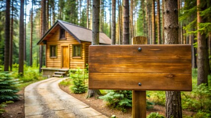 Small wooden cabin in the middle of a green pine forest with a blank signboard in front