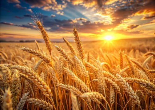 Warm sunlight casts a golden glow on a sea of ripe wheat, swaying gently in the breeze, creating a serene and peaceful atmosphere.