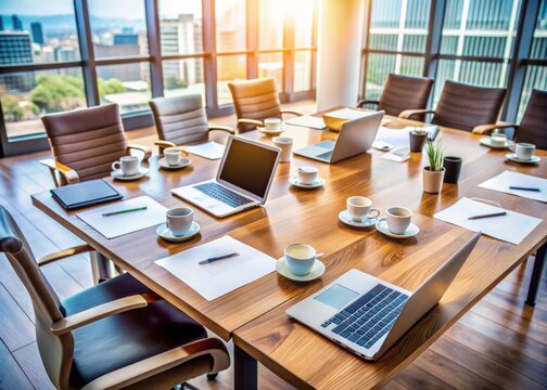 Modern office table scattered with papers, laptops, and coffee cups, surrounded by empty chairs, conveying a sense of intense business consulting and planning session.