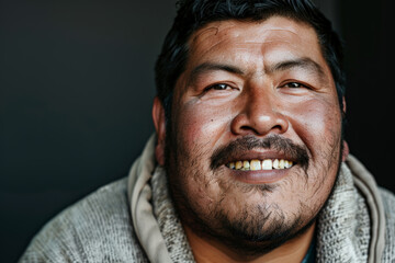 Close-up portrait of a middle aged Latino man, studio photo, against a sleek gray studio backdrop