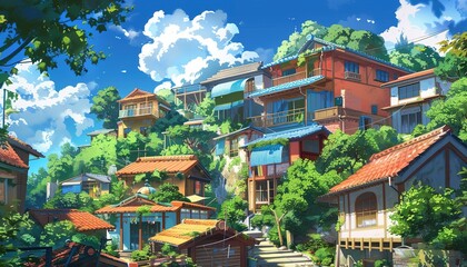Obraz premium illustration art village on summer style anime