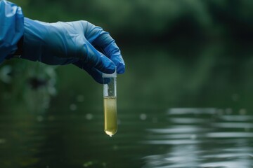 Closeup hand wears blue glove holds test tube of sample water from river.