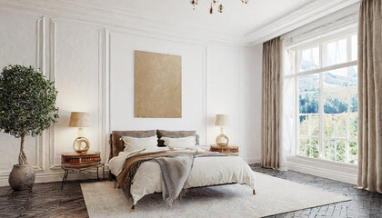 Vertical poster art mockup with gold metal frame, dried grass in vase, wicker lamp and books on empty warm beige wall background. Boho interior decoration. A4, A3 format. 3d rendering, illustration