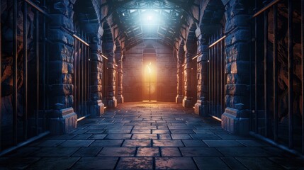 Mysterious dimly lit stone corridor with arches and lanterns creating a fantasy, medieval atmosphere. Perfect for fantasy or Gothic themes.