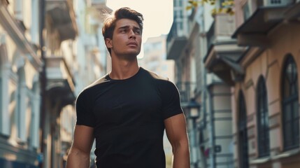 Fototapeta premium Male model in a black cotton t&nbsp;shirt at the city street