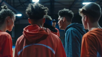 A basketball team huddles closely together, listening intently as their coach delivers instructions under the dim lights of the indoor arena
