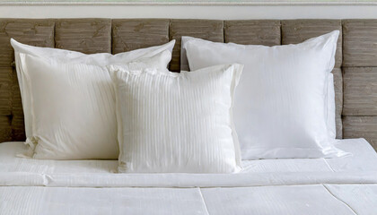 White bedding sheets and pillow background, Messy bed concept