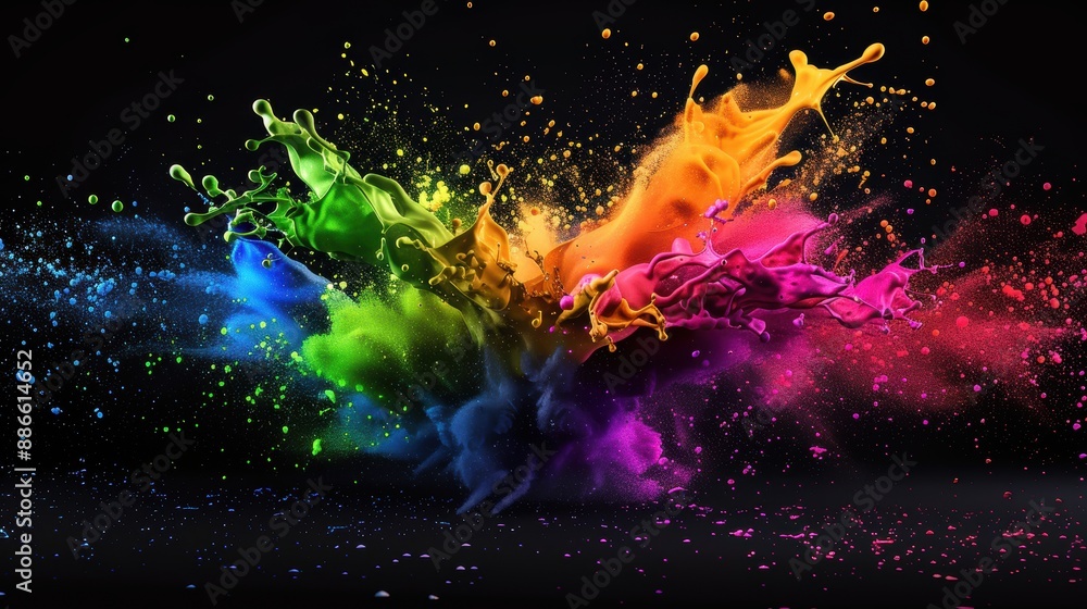 Poster vibrant explosion of colorful paint splashes against a black background, creating a dynamic and ener