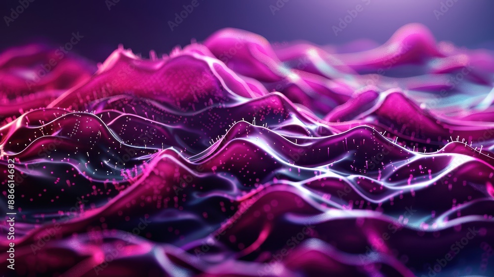 Poster vibrant abstract 3d landscape with neon colors and wavy forms, creating a futuristic and mesmerizing