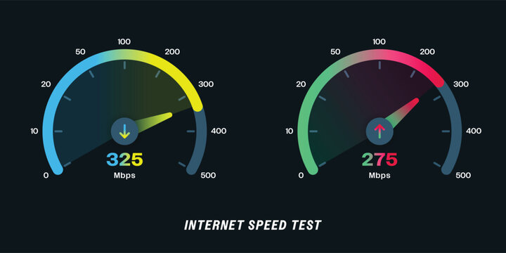 Internet Speed Test ,Upload Download speed test with modern design neon gauge, Internet speed test software and network performance information arrow bandwidth display interface app internet UI UX
