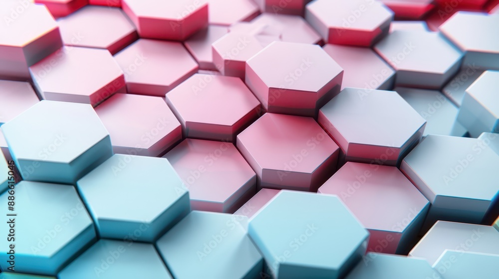 Poster abstract 3d hexagonal pattern in blue and pink gradients, showcasing modern geometric shapes and inn