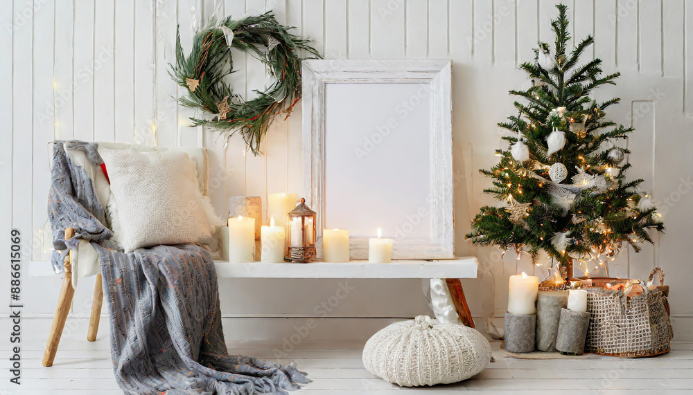 Wall mural white blank wooden frame mockup with christmas tree, candles, linen cushions and plaid on the white 