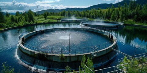 Fototapeta premium Modern Environmental Engineering at Wastewater Treatment Plant with Circular Water Tanks