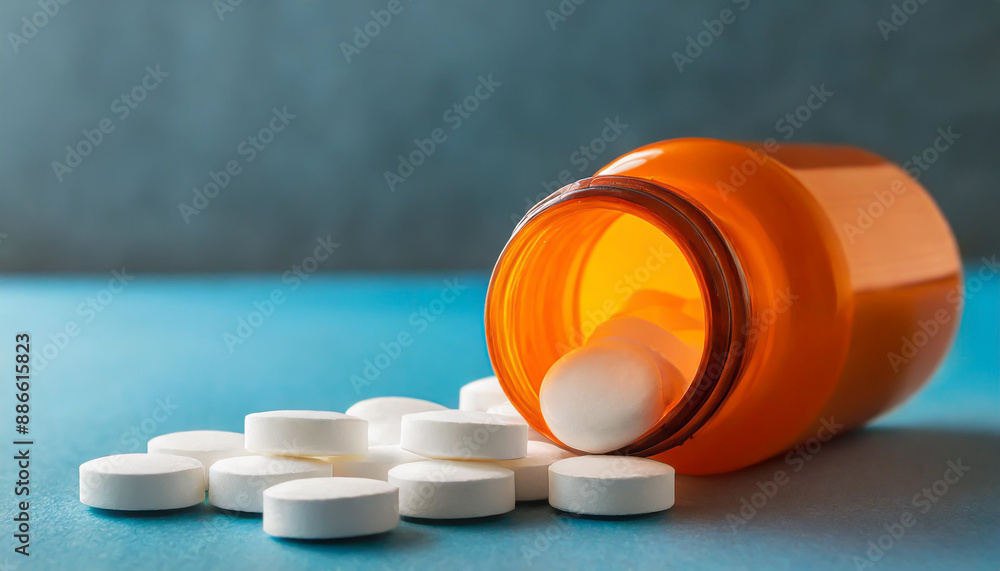 Wall mural White pills in orange bottle on blue background close up with copy space