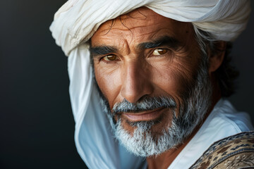 Close-up portrait of a middle aged man of Middle Eastern descent, studio photo, against a sleek gray studio backdrop