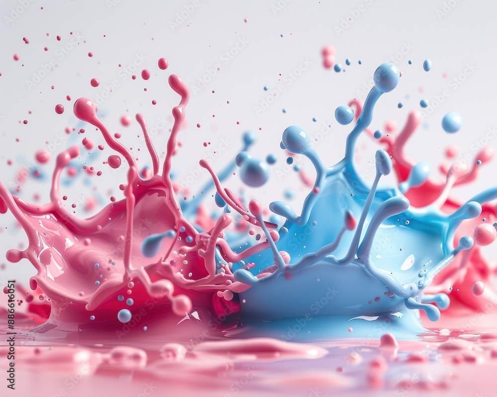 Poster a high-speed capture of colorful pink and blue paint splashes colliding in mid-air, creating dynamic