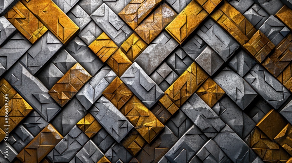 Poster intricate geometric metallic pattern with gold and grey textures, creating a dynamic and captivating