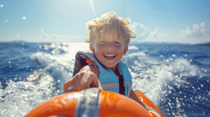 Portrait of cite little blond happy excited smiling caucasian boy wear lifevest enjoy sailing on motor boat sea against blue sky and water splash wave sun backlit