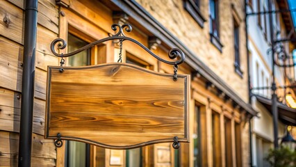 Wooden signboard hanging from wrought iron chains in front of a building