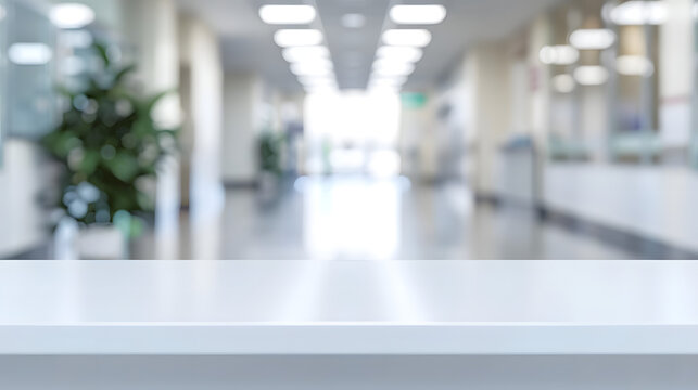 Empty blank white table top counter with blurred hospital clinic medical interior background for product display mockup