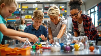 Children collaborating on a science project in a classroom, engaging in hands-on learning and teamwork with various materials and tools.