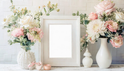 Mock up square frame with home decor and potted plants. White shelf and wall. Copy space.