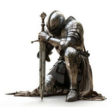 A knight in gleaming armor, kneeling with a sword planted in the ground, paying homage, isolated on white background.