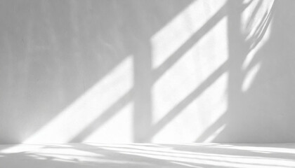 Realistic and minimalist blurred natural light windows, shadow overlay on wall paper texture, abstract background. Minimal abstract light white background for product presentation.