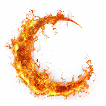 A crescent moon fire frame with flames tracing the curve, isolated on white background.