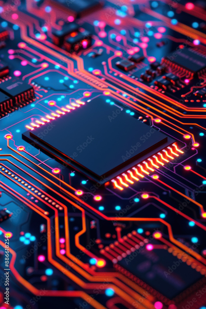 Poster close-up of a vibrant, illuminated microchip on a circuit board, showcasing intricate electronic con